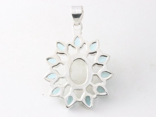 Grote opengewerkte zilveren hanger met regenboog maansteen en blauwe topaas afbeelding 3