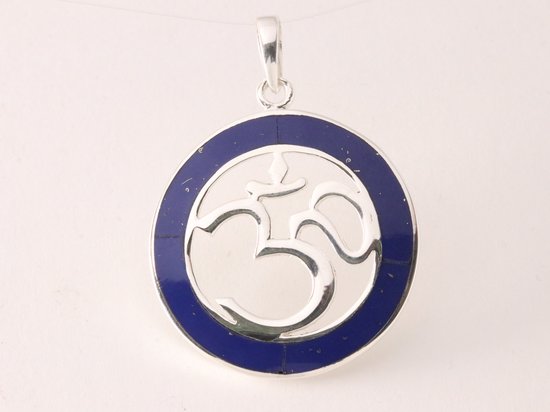 Ronde zilveren hanger met ohm teken en lapis lazuli afbeelding 4