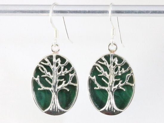 Ovale zilveren oorbellen met levensboom op malachiet afbeelding 4