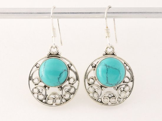 Ronde opengewerkte zilveren oorbellen met turkoois afbeelding 4