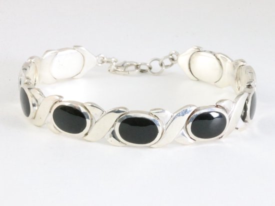 Zware hoogglans zilveren armband met onyx afbeelding 1