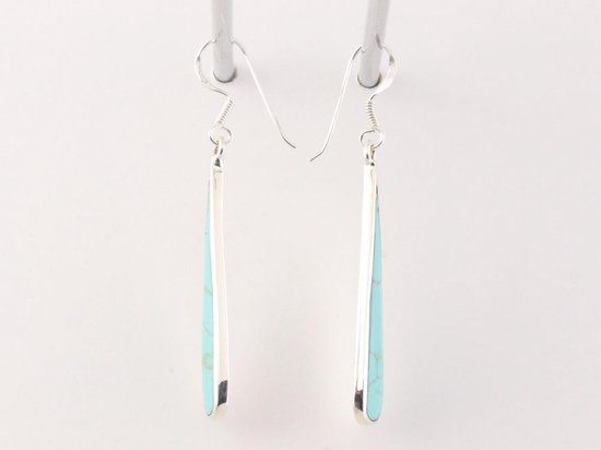 Lange druppelvormige zilveren oorbellen met groene turkoois afbeelding 4