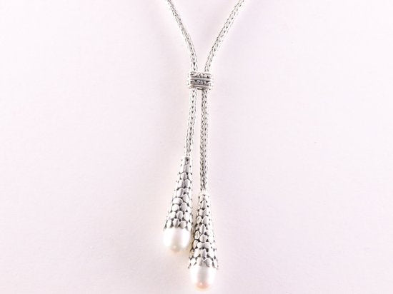 Traditionele bewerkte zilveren vossenstaart ketting met witte zoetwater parels afbeelding 3