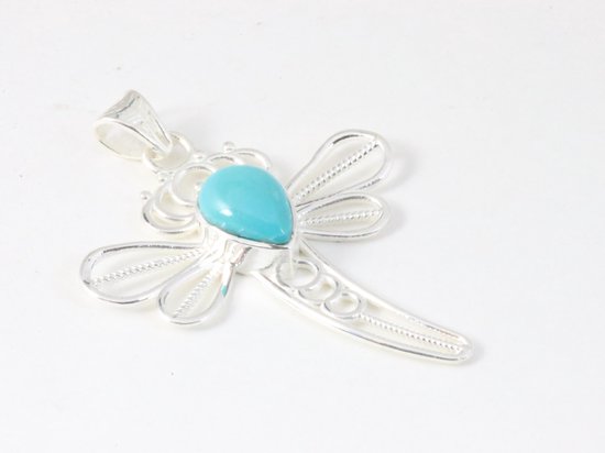 Opengewerkte zilveren libelle hanger met blauwe Arizona turkoois afbeelding 2