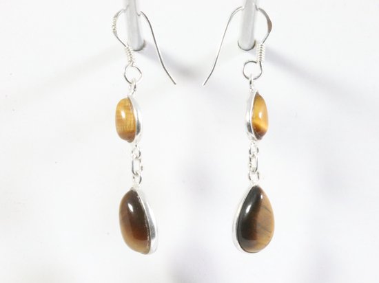 Fijne lange zilveren oorbellen met tijgeroog afbeelding 2