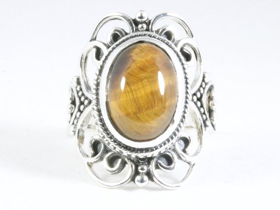 Opengewerkte zilveren ring met tijgeroog afbeelding 4