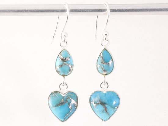 Zilveren hartjes oorbellen met blauwe koperturkoois afbeelding 4