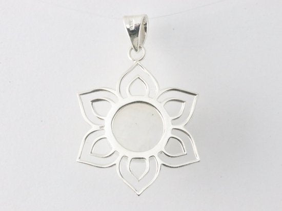 Opengewerkte bloemvormige zilveren hanger met regenboog maansteen afbeelding 3