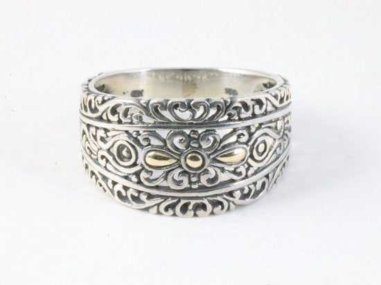 Traditionele opengewerkte zilveren ring met 18k gouden decoraties afbeelding 4