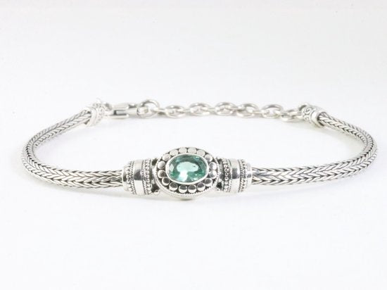 Traditionele zilveren snake armband met aquamarijn afbeelding 1