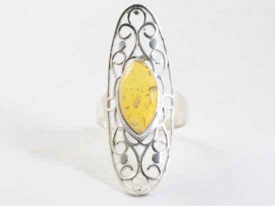 Langwerpige opengewerkte zilveren ring met amber afbeelding 4