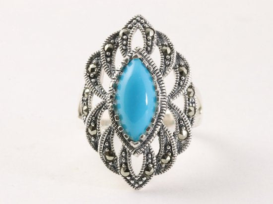Zware opengewerkte zilveren ring met blauwe turkoois en marcasiet afbeelding 4