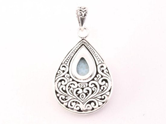 Bewerkte druppelvormige zilveren hanger met larimar afbeelding 3