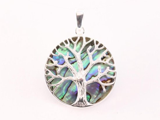 Ronde zilveren hanger met levensboom op abalone schelp afbeelding 1