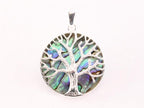 Ronde zilveren hanger met levensboom op abalone schelp afbeelding 1