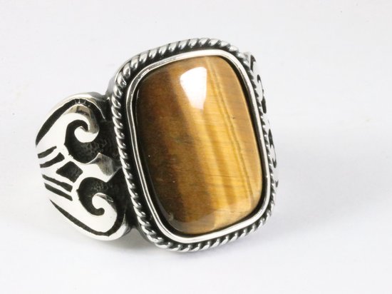 Zware bewerkte zilveren ring met tijgeroog afbeelding 1