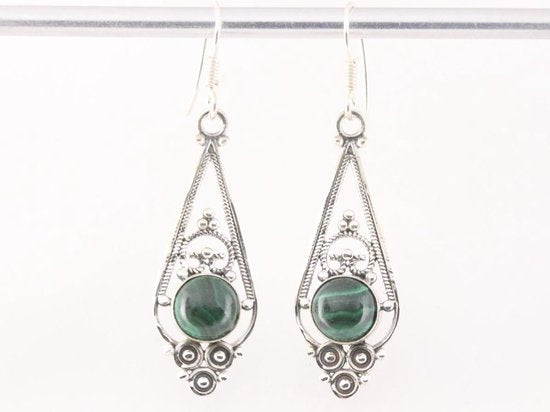 Lange opengewerkte zilveren oorbellen met malachiet afbeelding 4