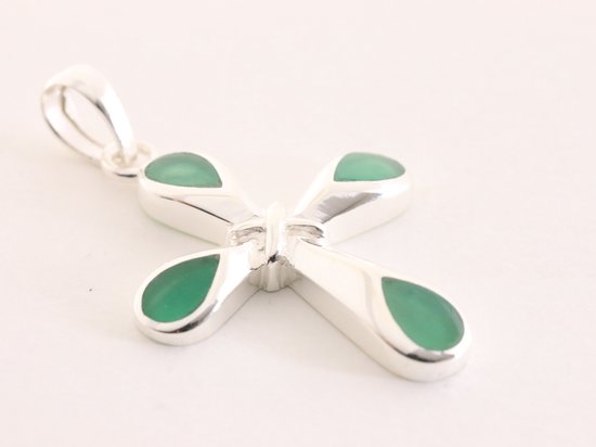 Hoogglans zilveren kruishanger met groene agaat afbeelding 2