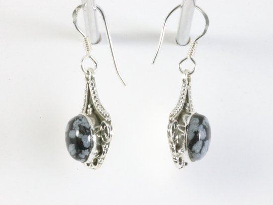 Bewerkte zilveren oorbellen met sneeuwvlok obsidiaan afbeelding 2