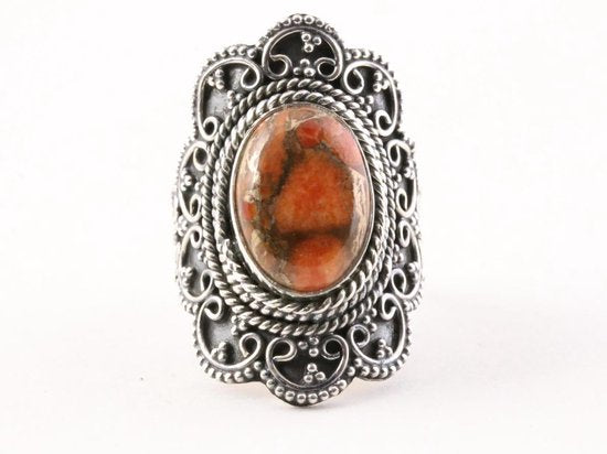 Bewerkte zilveren ring met rode koperturkoois afbeelding 4