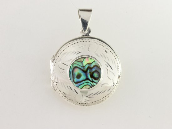 Rond bewerkt zilveren medaillon met abalone schelp afbeelding 4