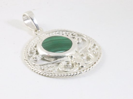 Ronde opengewerkte zilveren hanger met malachiet afbeelding 2