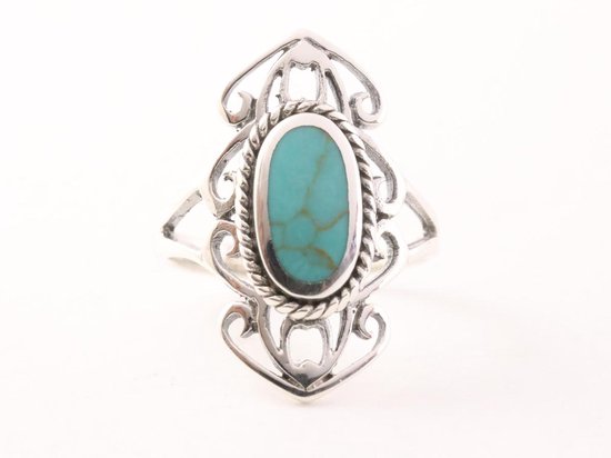 Opengewerkte zilveren ring met groene turkoois afbeelding 4