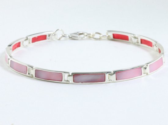 Hoogglans zilveren armband met roze parelmoer afbeelding 1