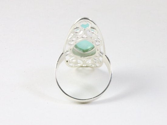 Langwerpige opengewerkte zilveren ring met aqua chalcedoon afbeelding 3