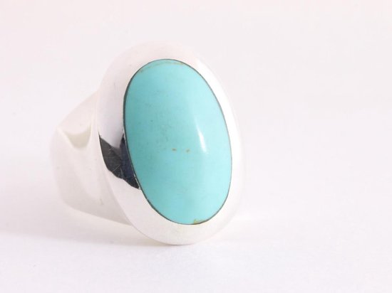 Grote ovale hoogglans zilveren ring met groene turkoois afbeelding 1
