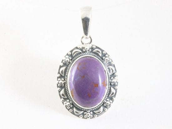 Bewerkte zilveren hanger met paarse koperturkoois afbeelding 4