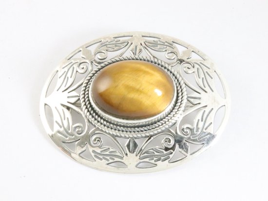 Grote opengewerkte zilveren broche met tijgeroog afbeelding 1