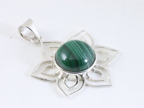 Opengewerkte bloemvormige zilveren hanger met malachiet afbeelding 2