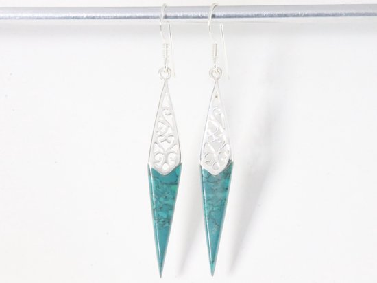 Lange opengewerkte zilveren oorbellen met chrysocolla afbeelding 4