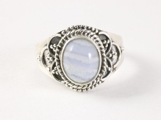 Bewerkte zilveren ring met blauwe lace agaat afbeelding 4