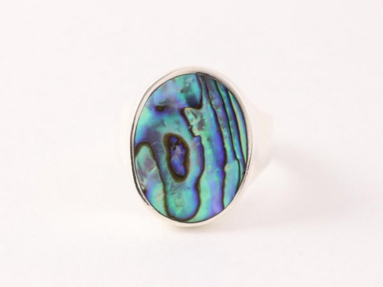 Ovale zilveren zegelring met abalone schelp afbeelding 4