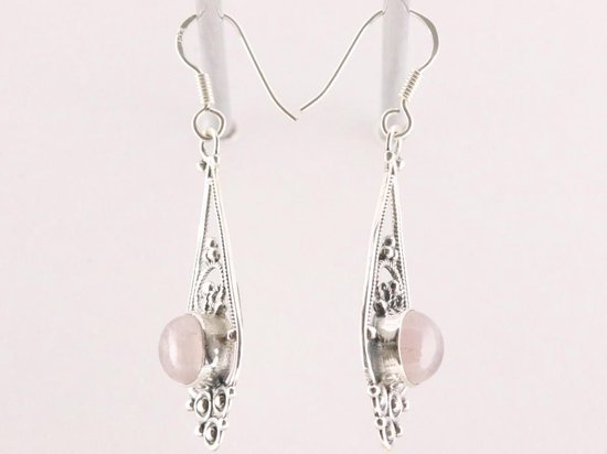 Lange opengewerkte zilveren oorbellen met rozenkwarts afbeelding 2