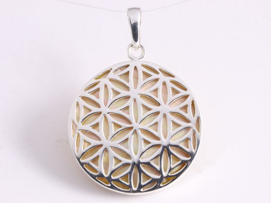 Ronde zilveren hanger met levensbloem op goudkleurige schelp afbeelding 1
