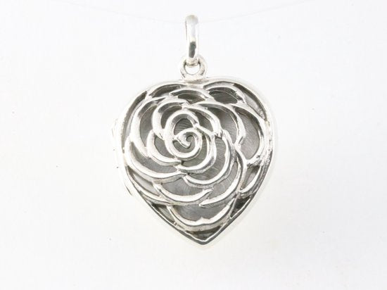 Opengewerkt harvormig zilveren medaillon met roos afbeelding 4