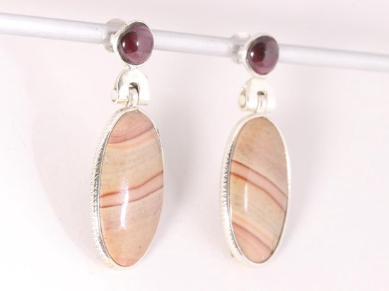 Lange zilveren oorstekers met bruine dolomiet steen en granaat afbeelding 2