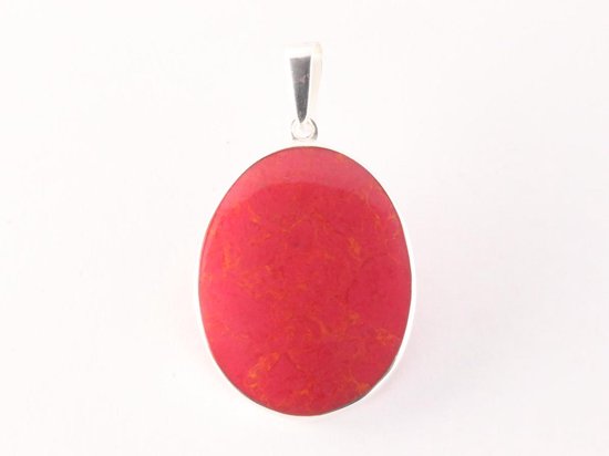 Ovale zilveren hanger met levensboom op rode koraal steen afbeelding 2