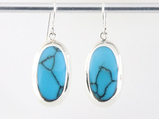 Ovale hoogglans zilveren oorbellen met blauwe turkoois afbeelding 3