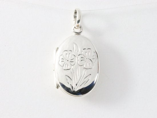 Fijn ovaal zilveren medaillon met bloemen gravering afbeelding 4