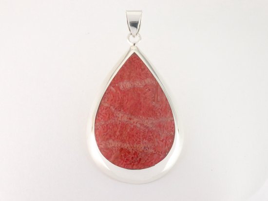 Grote druppelvormige zilveren hanger met rode koraal steen afbeelding 4