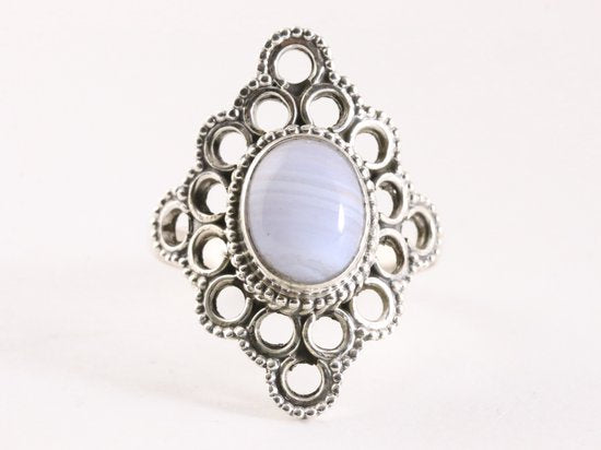 Opengewerkte zilveren ring met blauwe lace agaat afbeelding 4