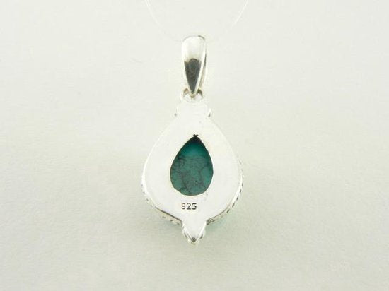 Fijne bewerkte zilveren hanger met turkoois aan ketting afbeelding 3