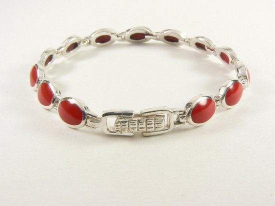 Zilveren schakelarmband met rode koraal steen afbeelding 2
