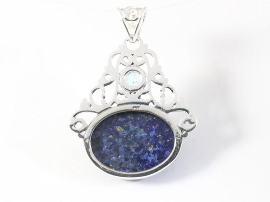 Opengewerkte zilveren hanger met lapis lazuli en blauwe topaas afbeelding 3