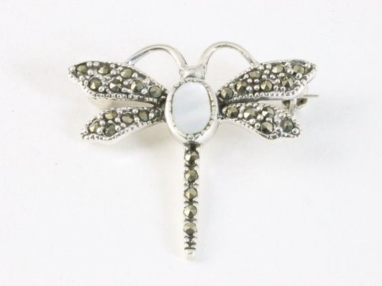 Zilveren libelle broche met parelmoer afbeelding 3