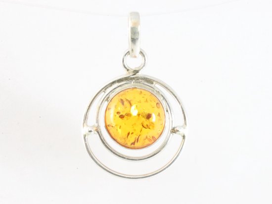 Ronde opengewerkte zilveren hanger met amber afbeelding 4